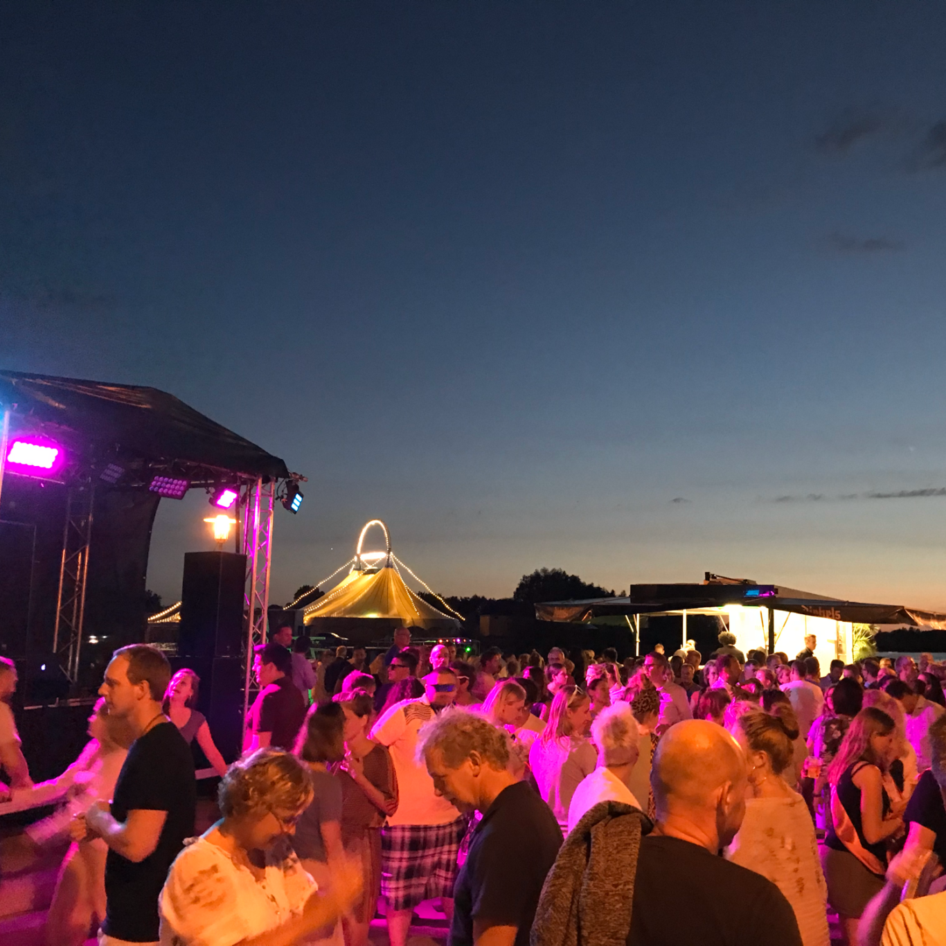 Menschenmenge bei einer Open Air Tanzparty unter einem abendlichen Himmel mit DJ Driessen.