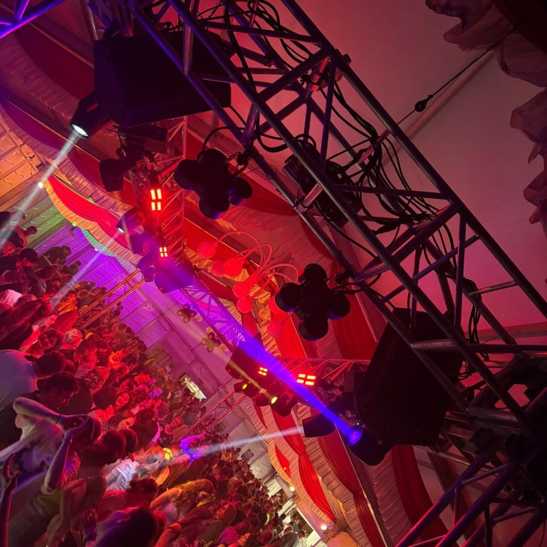 Bunte Lichter und Menschenmenge auf einer festlichen Veranstaltung mit DJ Driessen.