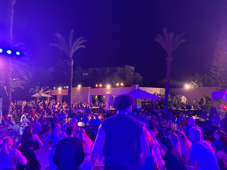 Nachtliche Veranstaltung mit Menschenmenge unter Palmen und bunten Lichtern mit Musik von DJ Driessen.